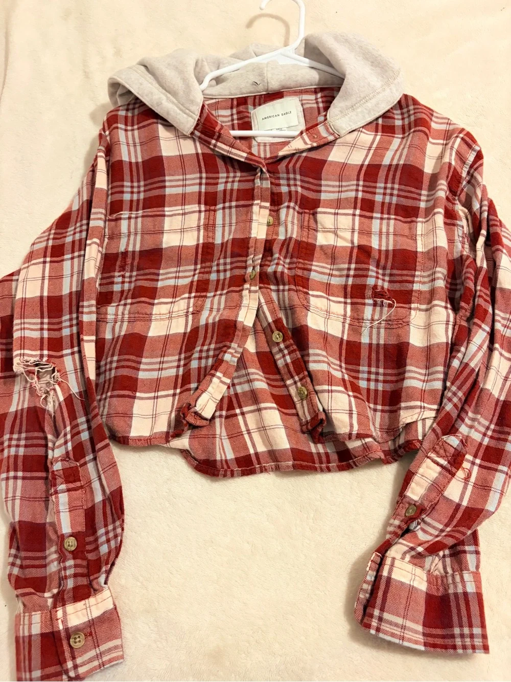 American Eagle Red Plaid Hooded Flannel Shirt